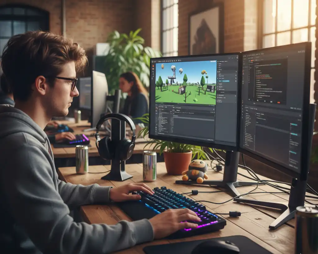 Student working on game development project